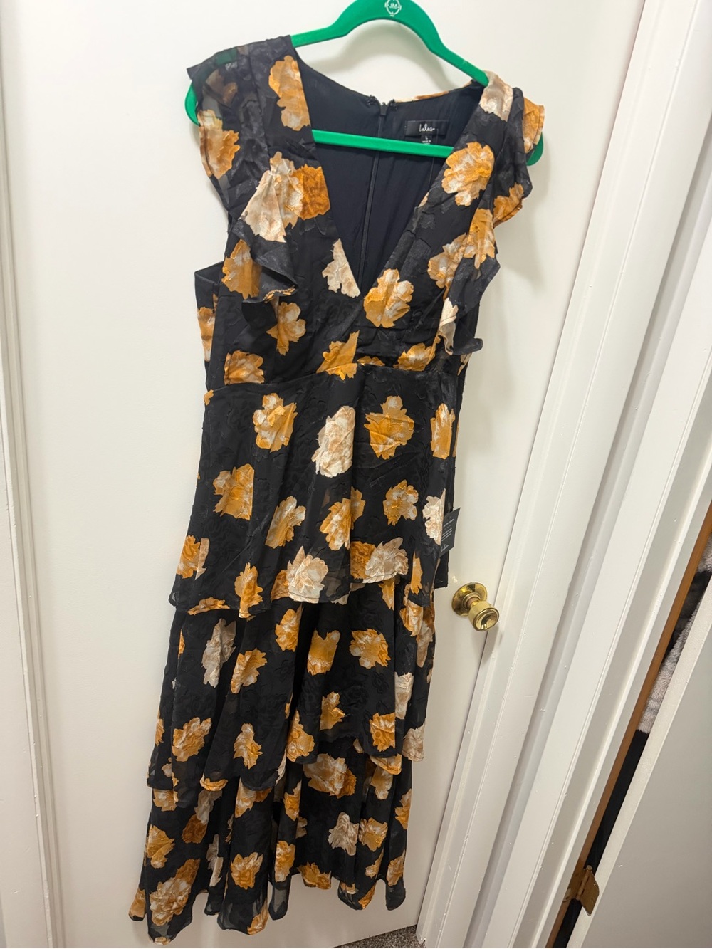 Lulu's Black Dress with Gold & Cream Floral Print